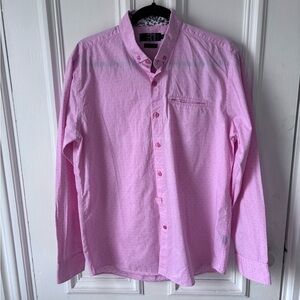 Men’s Pink Dot Long Sleeve Button Down Slim Fit Floral Accent Shirt Size Large